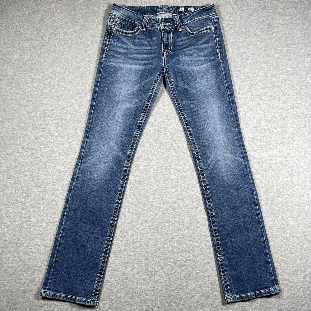 Miss Me Jeans Womens 31 Blue Straight Mid Rise Embroidered Studded Rhinestone